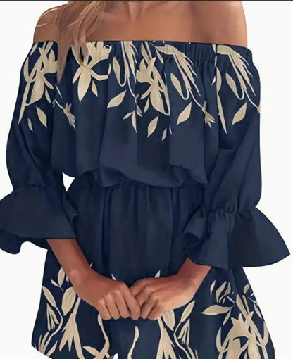 Shirley – Boho-Blattgrafik Off-Shoulder Kleid mit sexy Rückenfreies Rüschensleeve für Frühling & Sommer