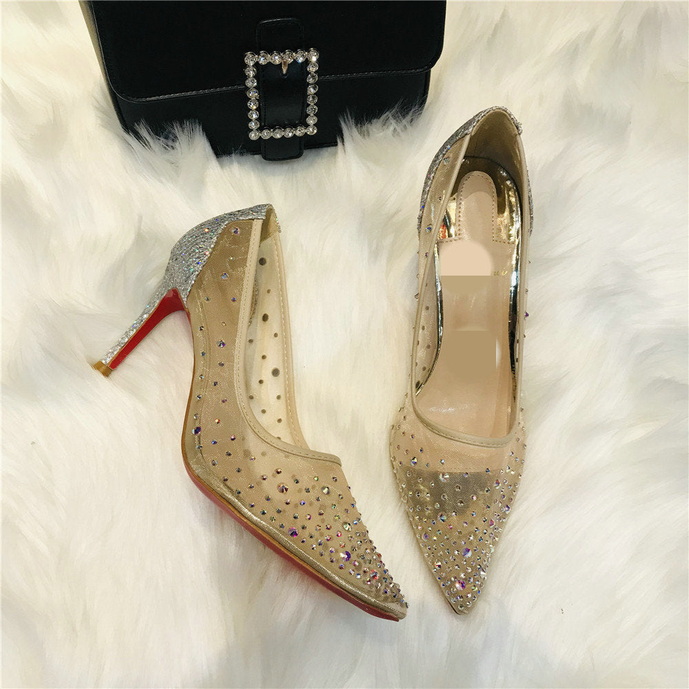 Megan – Transparente Damen Pumps mit Strass und spitzem Absatz