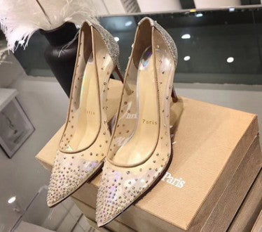 Megan – Transparente Damen Pumps mit Strass und spitzem Absatz