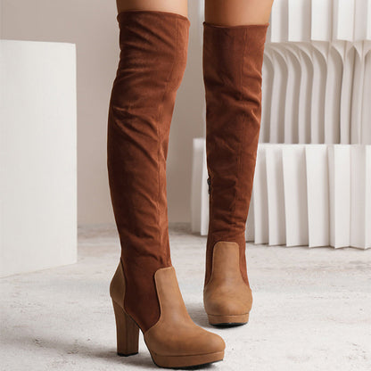 Anna – Lange Stiefel für Frauen aus elastischem Premium-Vegan-Suede mit hohem quadratischen Absatz über dem Knie für Partys im Winter