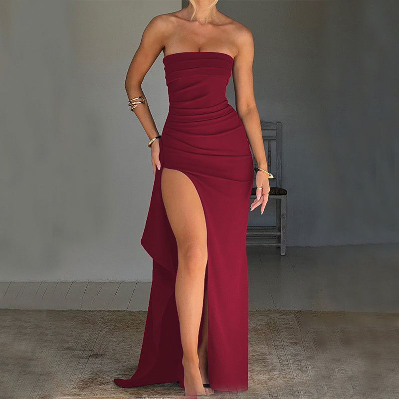 Ruby – Trägerloses, gespaltenes Sommerkleid mit Falten für Frauen zur Hochzeit und Feier