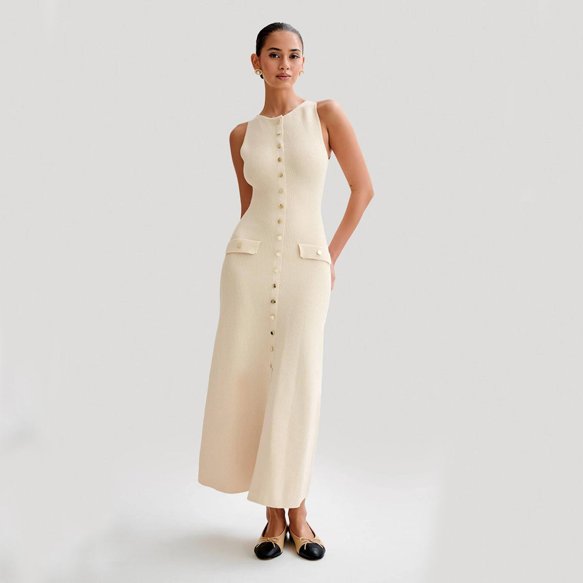 Leah – Elegantes Strick Ärmelloses Kleid Mit Einem Brust Fashion Slim Rundhalsausschnitt Lange Kleider Damenmode