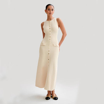 Leah – Elegantes Strick Ärmelloses Kleid Mit Einem Brust Fashion Slim Rundhalsausschnitt Lange Kleider Damenmode