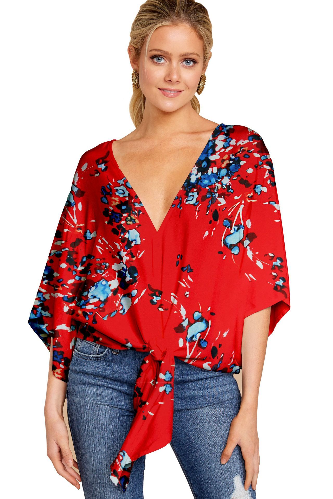 Amy – Leopardenmuster V-Ausschnitt Bluse mit floralem Bindeband für Damen