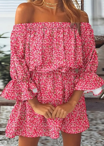 Shirley – Boho-Blattgrafik Off-Shoulder Kleid mit sexy Rückenfreies Rüschensleeve für Frühling & Sommer