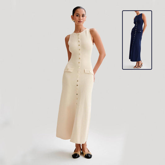 Leah – Elegantes Strick Ärmelloses Kleid Mit Einem Brust Fashion Slim Rundhalsausschnitt Lange Kleider Damenmode