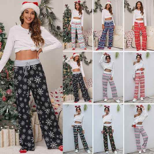 Tanya – Modische Weihnachtsdruckhose mit Weihnachts-Schneeflockenbaum und Elch-Motiv