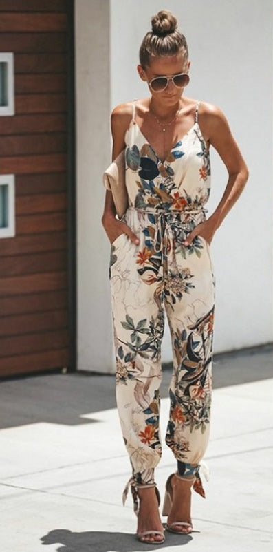 Ann – Damen Jumpsuit mit Blumenmuster und Spaghettiträgern