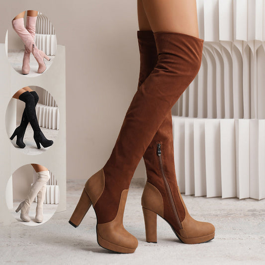 Anna – Lange Stiefel für Frauen aus elastischem Premium-Vegan-Suede mit hohem quadratischen Absatz über dem Knie für Partys im Winter