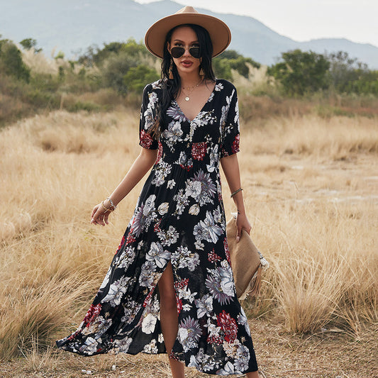 Rebecca – Floral Sommer Strandkleid mit V-Ausschnitt und elastischem Bund