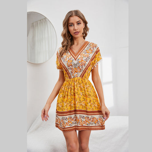 Stephanie – Baumwoll Sommerkleid mit kurzen Ärmeln und V-Ausschnitt im Boho-Stil