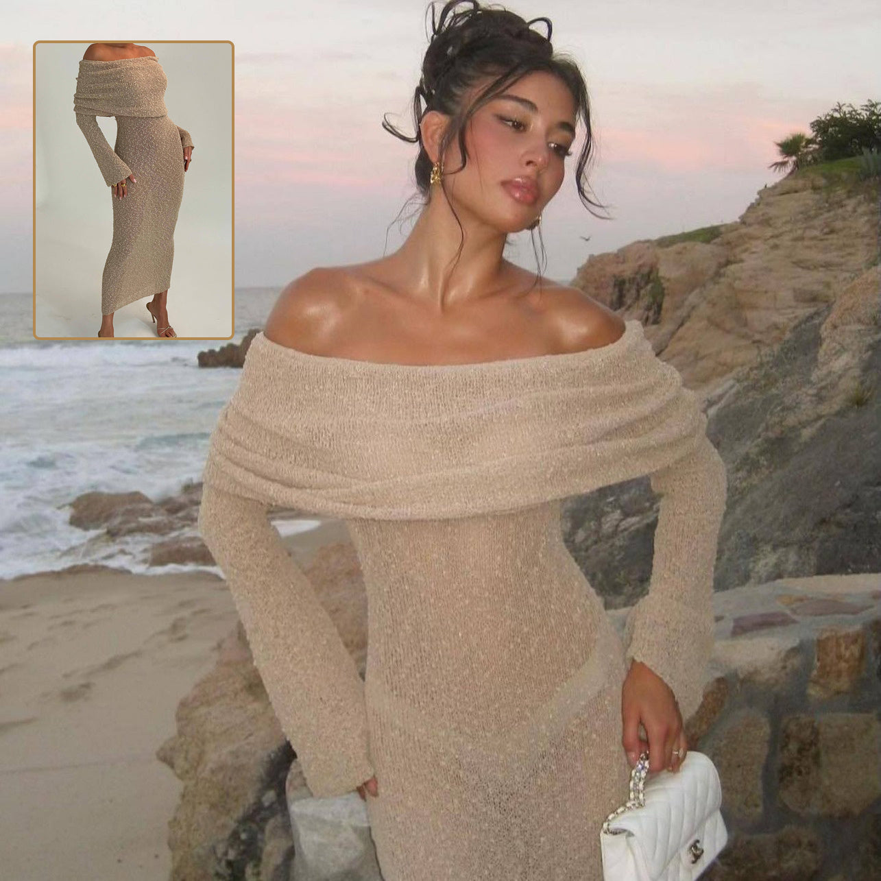 Nicole – Sexy Strandkleid mit einem Schulterträger und langen Ärmeln