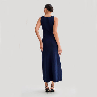 Leah – Elegantes Strick Ärmelloses Kleid Mit Einem Brust Fashion Slim Rundhalsausschnitt Lange Kleider Damenmode