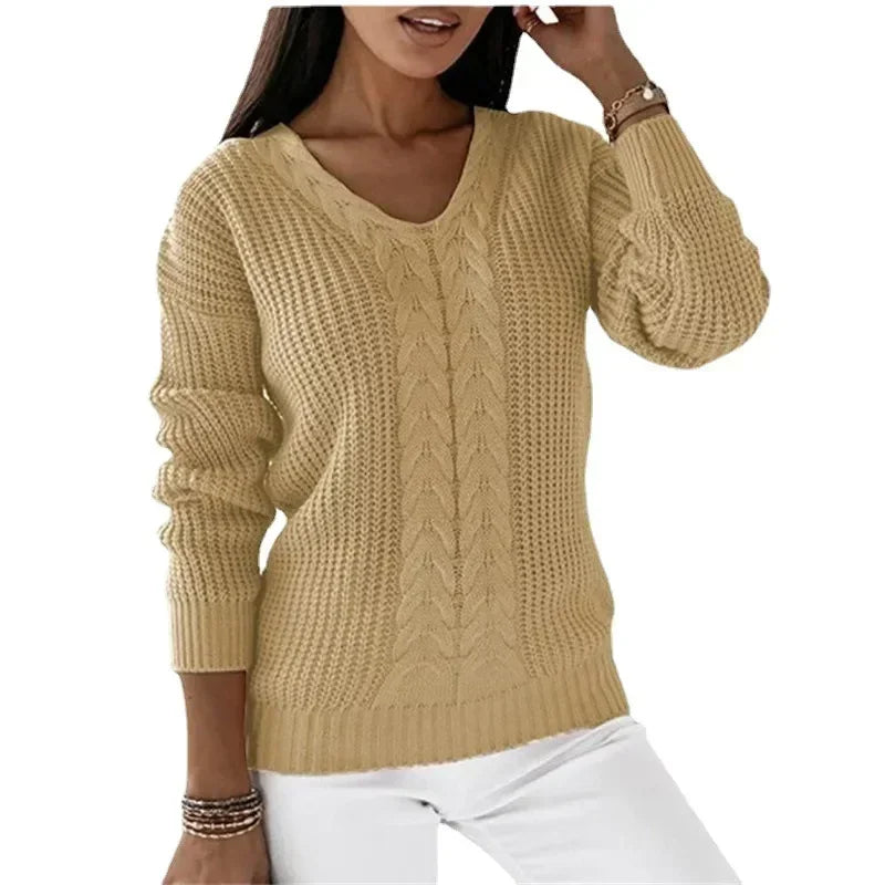 Mandy – Damen V-Ausschnitt Langarm Zopfmuster Pullover