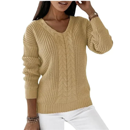 Mandy – Damen V-Ausschnitt Langarm Zopfmuster Pullover