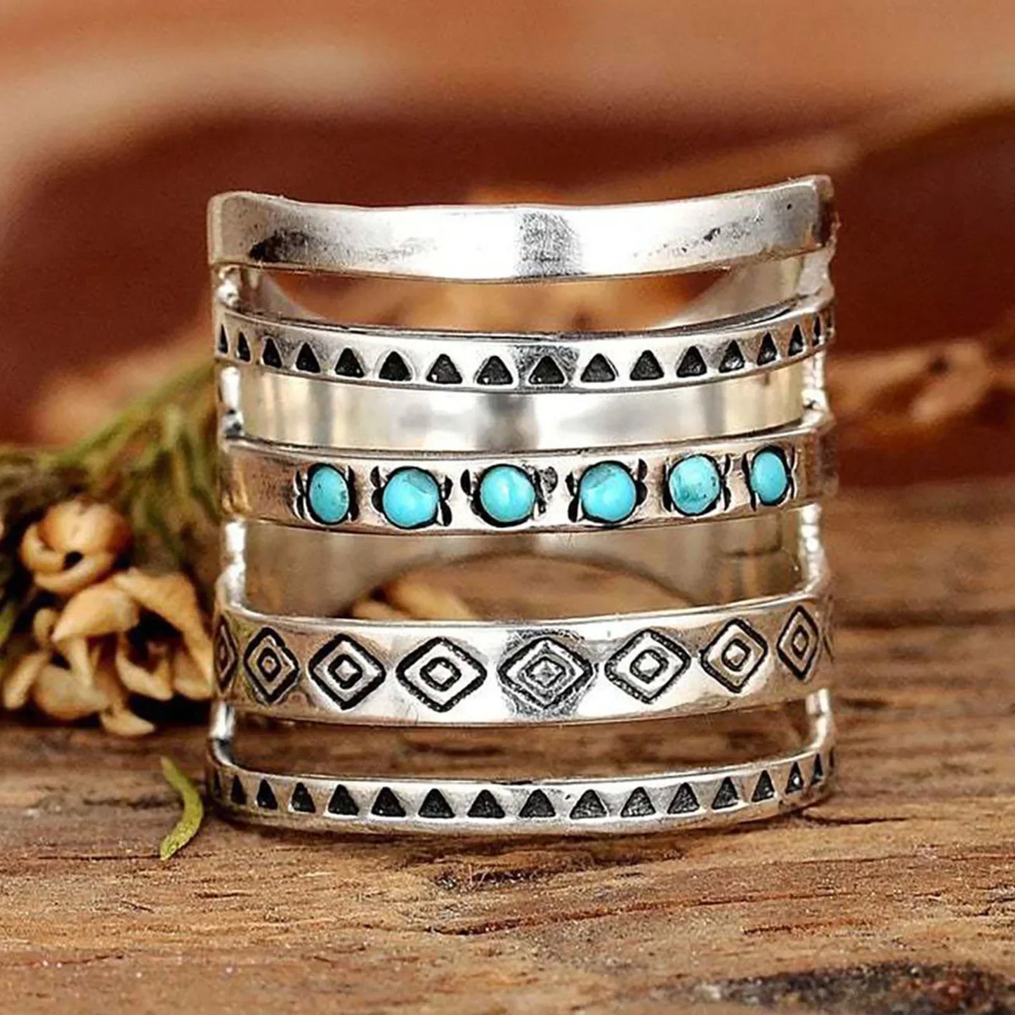 Nicole – Boho-Multiband-Ring mit Türkisakzenten im Vintage-Stil