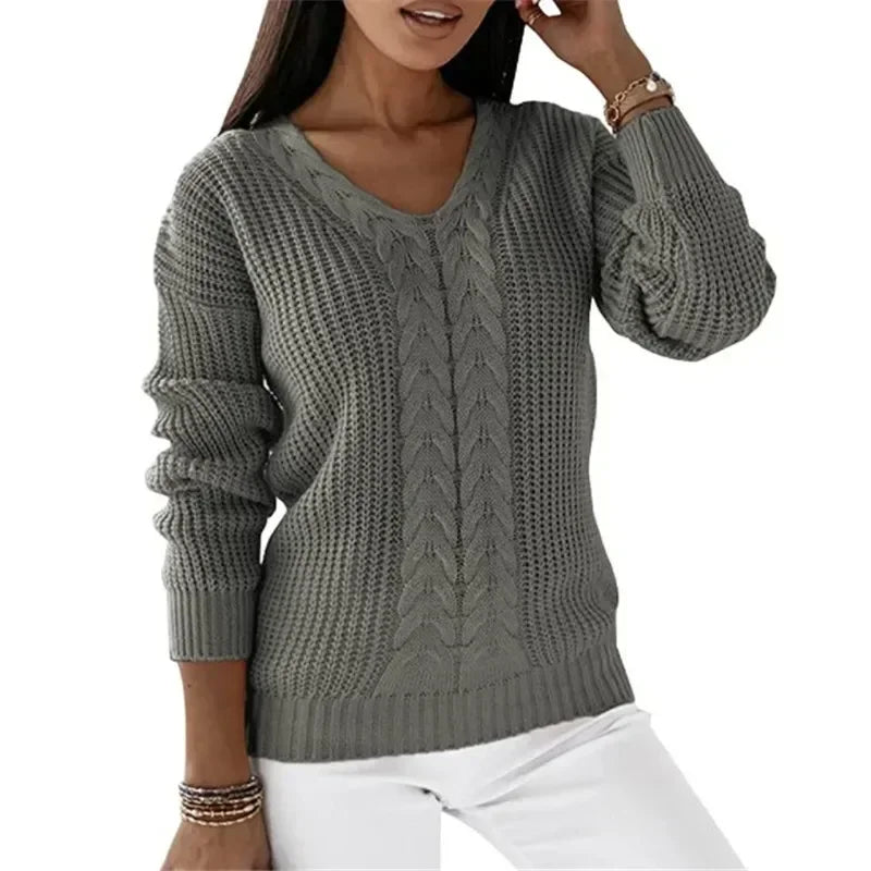 Mandy – Damen V-Ausschnitt Langarm Zopfmuster Pullover