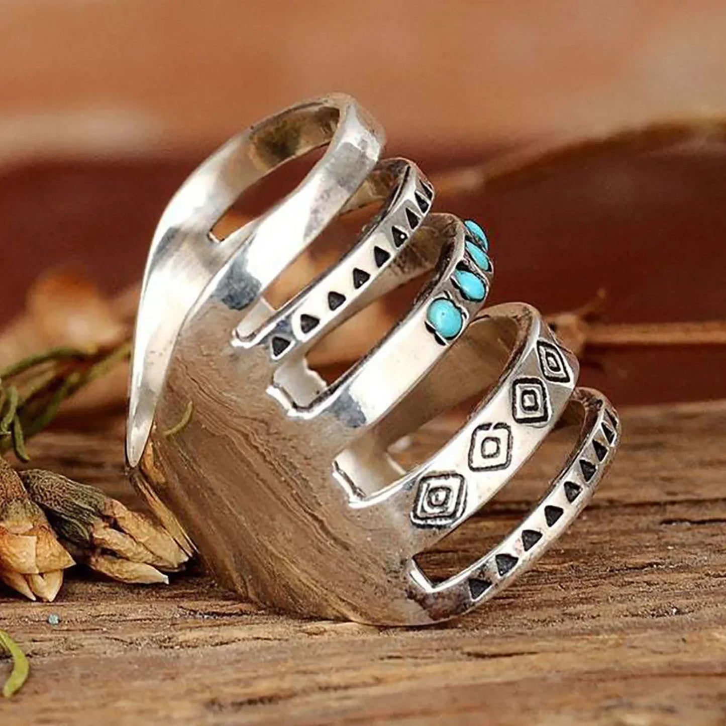 Nicole – Boho-Multiband-Ring mit Türkisakzenten im Vintage-Stil