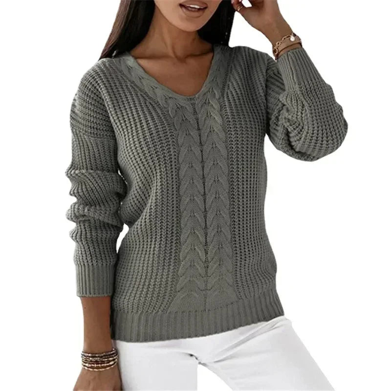 Mandy – Damen V-Ausschnitt Langarm Zopfmuster Pullover