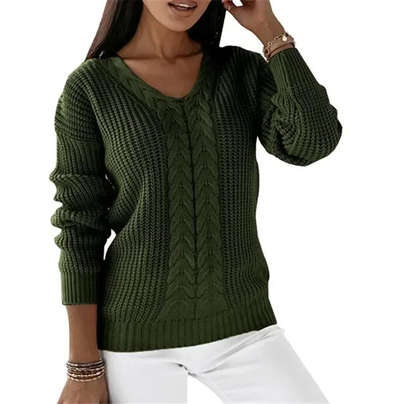 Mandy – Damen V-Ausschnitt Langarm Zopfmuster Pullover