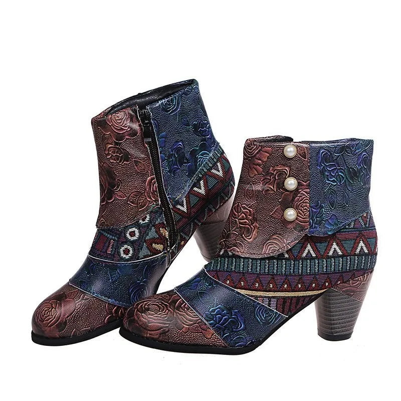 Sophia – Vintage Bohemian Stiefeletten aus veganem Leder mit bequemem Absatz