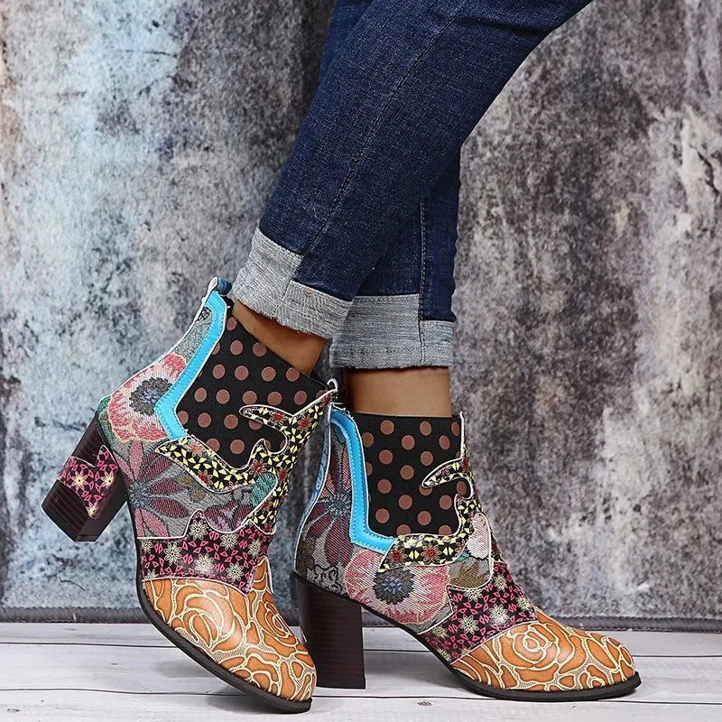 Sophia – Vintage Bohemian Stiefeletten aus veganem Leder mit bequemem Absatz