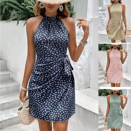 Amanda – Sommer-Halterneck-Kleid mit gebundenem Taillendesign und schimmernden Punkten