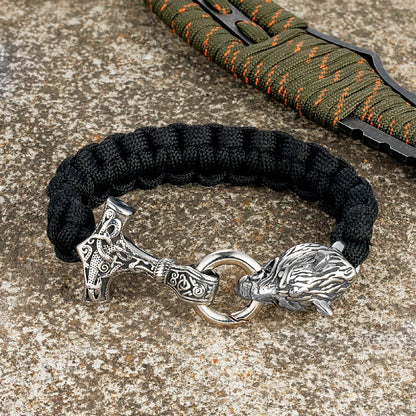 Joel – Herrenarmband mit Thors Hammer und Wolfskopfverschluss – Wikinger-Design