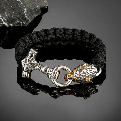 Joel – Herrenarmband mit Thors Hammer und Wolfskopfverschluss – Wikinger-Design