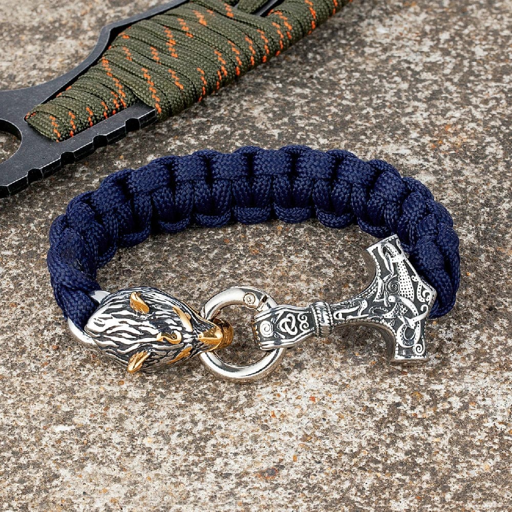 Joel – Herrenarmband mit Thors Hammer und Wolfskopfverschluss – Wikinger-Design