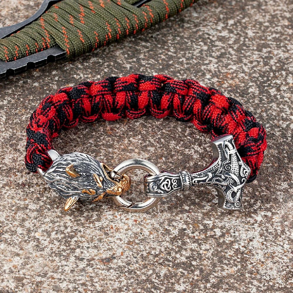 Joel – Herrenarmband mit Thors Hammer und Wolfskopfverschluss – Wikinger-Design