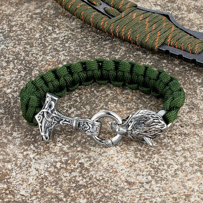 Joel – Herrenarmband mit Thors Hammer und Wolfskopfverschluss – Wikinger-Design