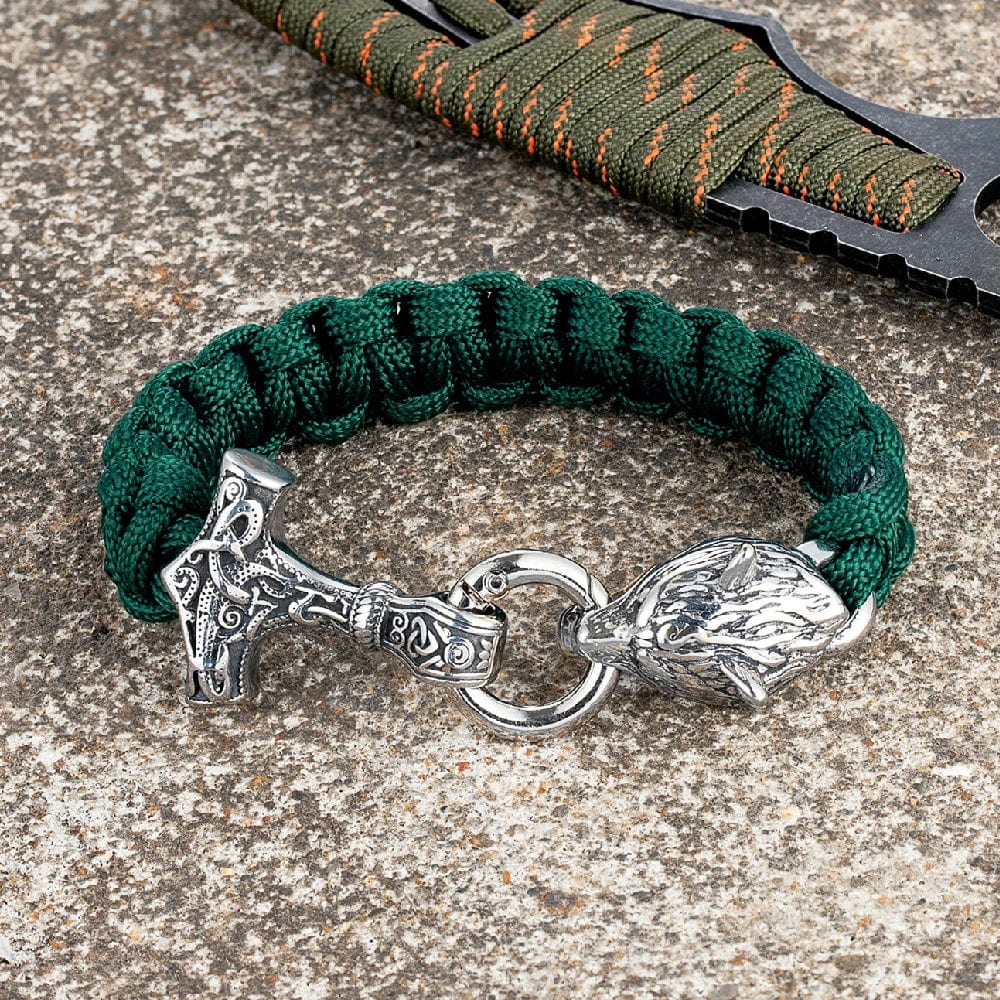 Joel – Herrenarmband mit Thors Hammer und Wolfskopfverschluss – Wikinger-Design