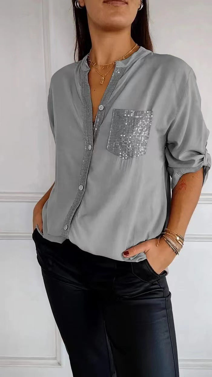 Margaret – Lässiges Button-Down Langarmshirt mit Pailletten-Taschen-Design für Damen