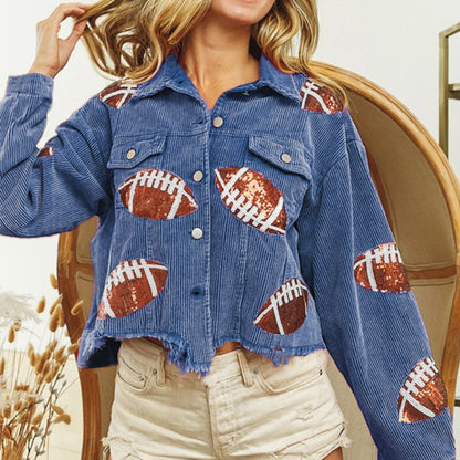 Tanya – Modische Cordjacke mit Rugby-Print für Damen