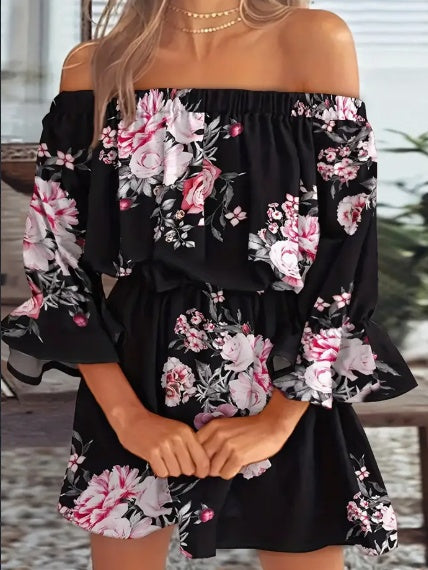 Shirley – Boho-Blattgrafik Off-Shoulder Kleid mit sexy Rückenfreies Rüschensleeve für Frühling & Sommer