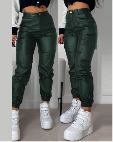 Sophie – Zipper Falten PU Freizeit Hose mit Taschen