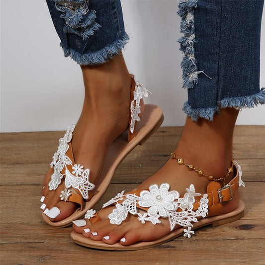 Tracy – Flache Sandalen mit Blumen und Knöchelriemen für den Sommer